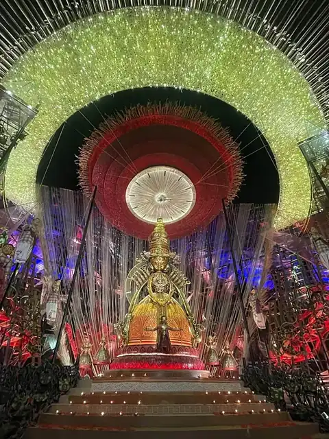 A lit-up Durga Puja pandal